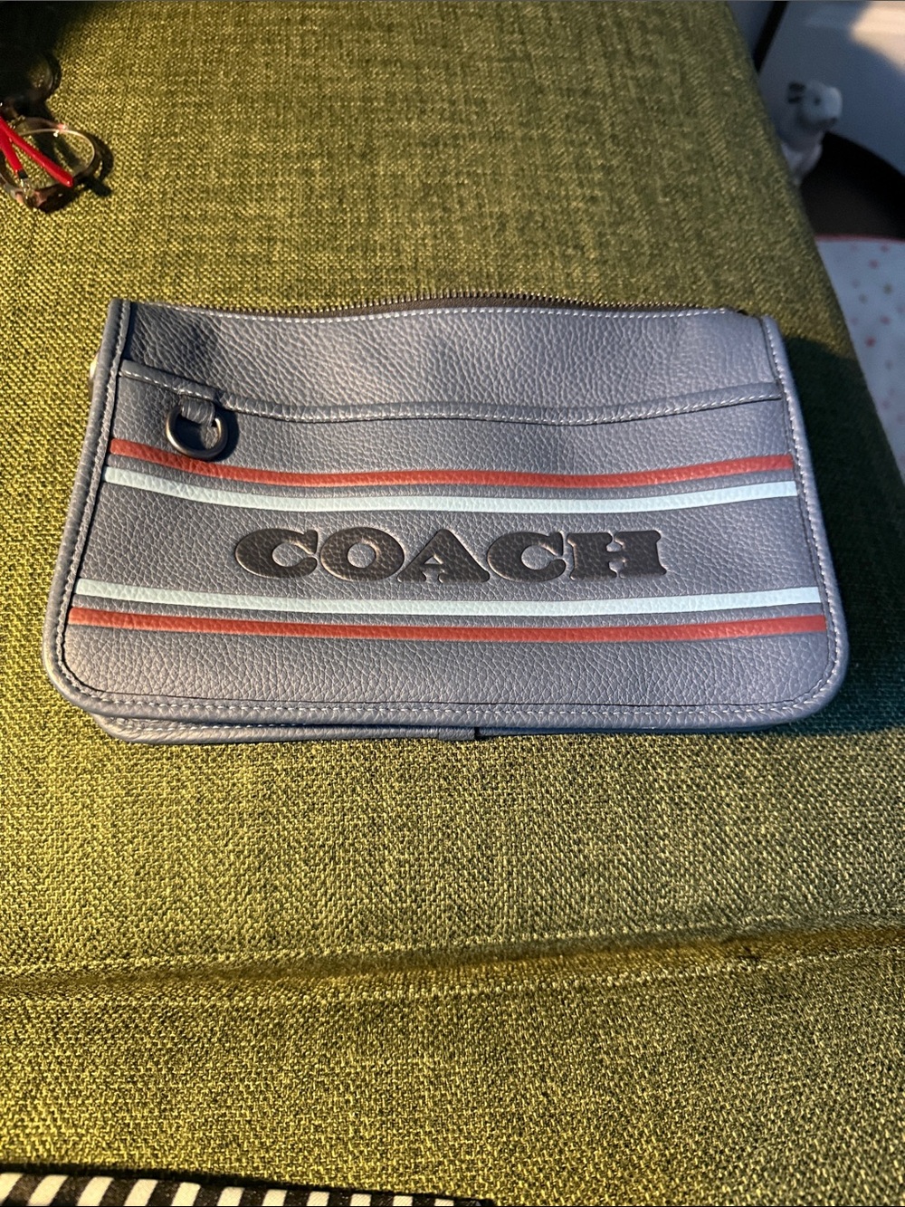 Coach Leather Wristlet Clutch in Slate Blue with Red and Light Blue Stripes
